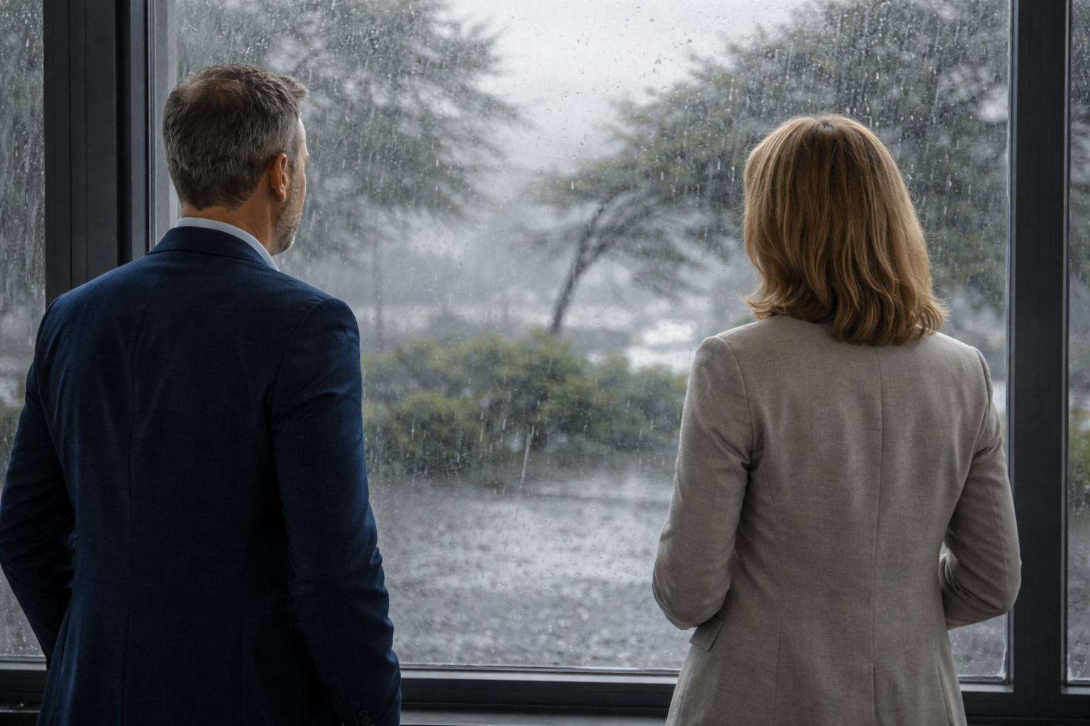 Un home i una dona professionals observen el temporal per la finestra.